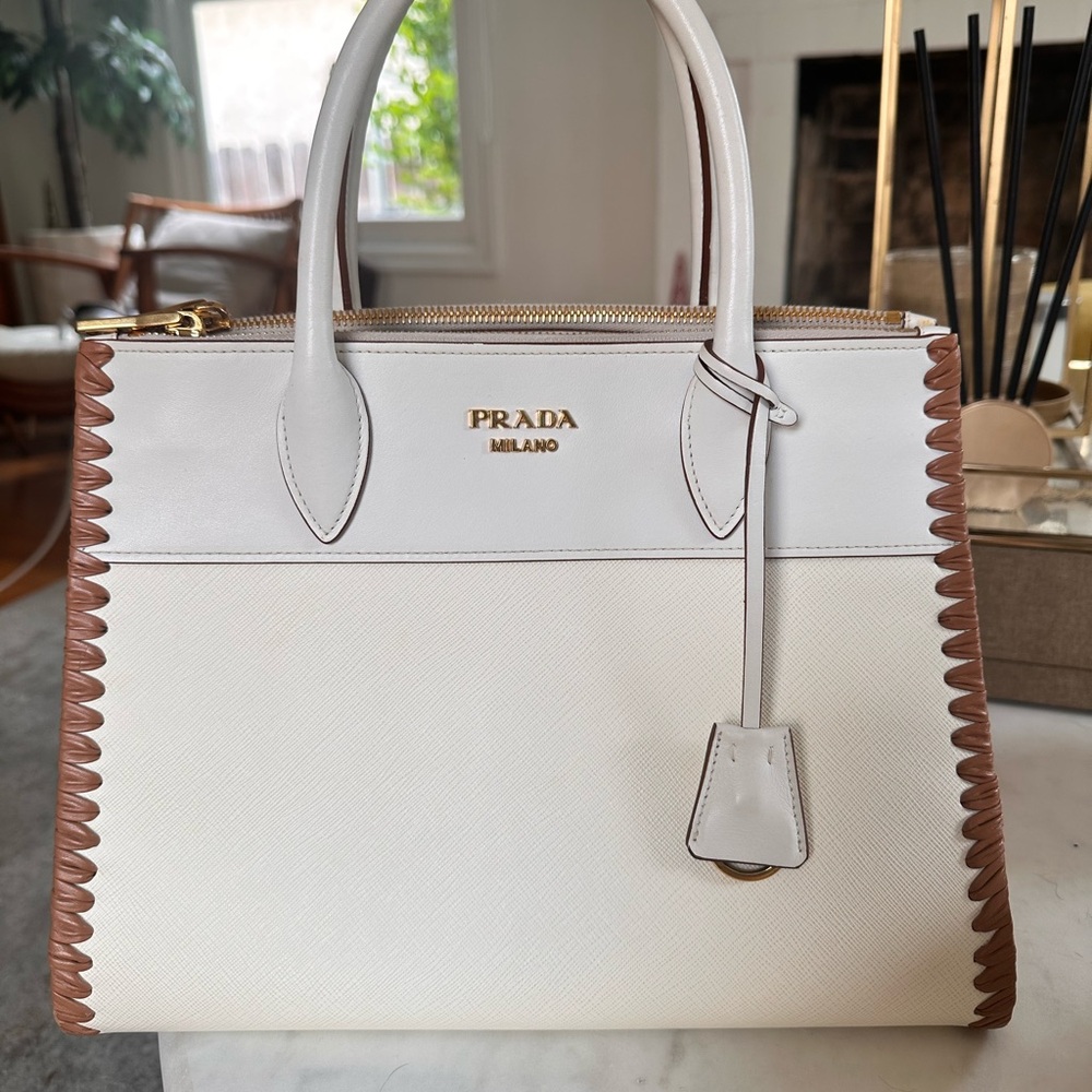 Prada White and Brown Satchel with Whipstitch Detail medium